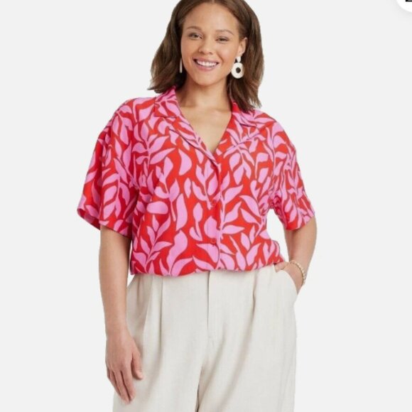 Womens Crepe Short Sleeve Button-down Shirt A New Day Pink/red Large - Picture 1 of 6